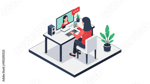 Remote work from home office with video call and smartphone in isometric style