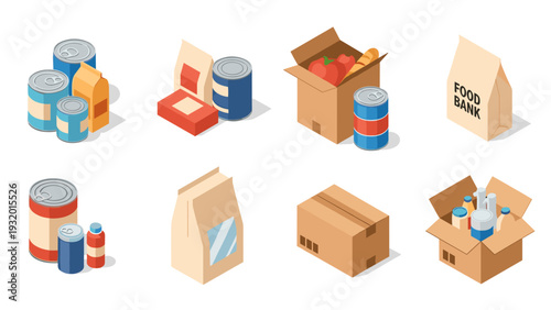 Isometric food donation set with boxes, cans, and shopping bags