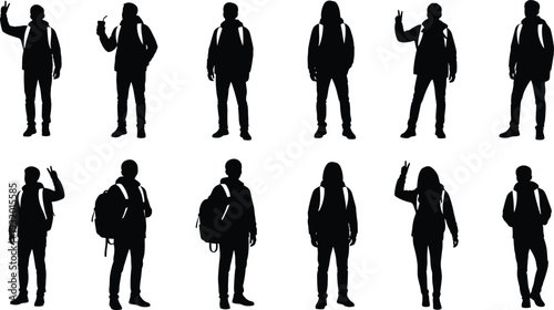 Silhouettes of diverse people with backpacks, standing poses, raised arms, peace signs, student illustration, traveler concept, vector art, expressive design