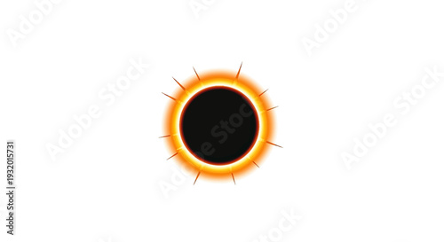 Digital depiction of a solar eclipse. Dark disk surrounded by bright orange and yellow glow