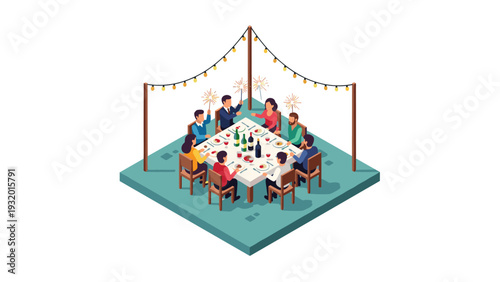 Isometric festive dinner: diverse group celebrating at outdoor party table