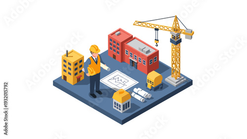 Isometric construction site with engineer and crane on building plans