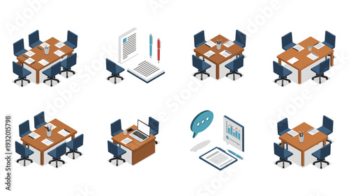 Office furniture and digital workspace isometric designs for business presentations