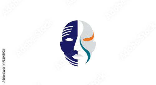 A symmetrical, stylized human face logo is split in two halves with abstract designs