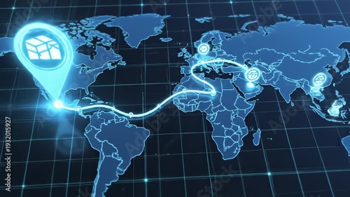 Video of logistics route mapping with animated path travelling on map, global shipping and supply chain concept for transport branding, e-commerce fulfillment and business strategy visuals.