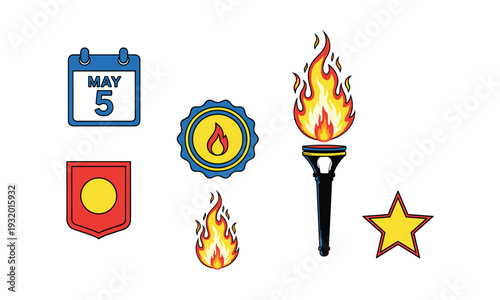 Cinco de Mayo themed icons including a flame calendar and shield