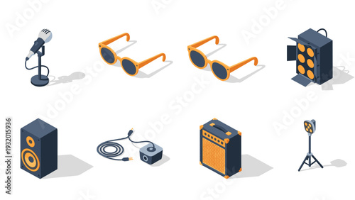Isometric music equipment set featuring microphone, speakers, and amplifier