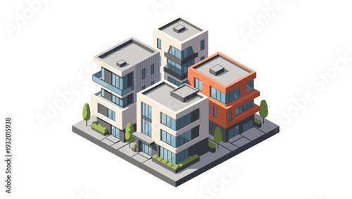 Modern isometric urban buildings with trees and sidewalks on white background