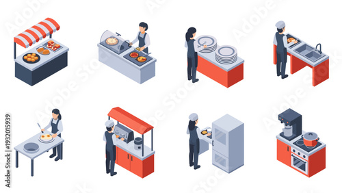 Isometric kitchen scene: chefs working in modern commercial kitchen