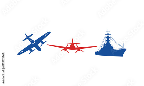 World war ii aircraft and naval vessel silhouette illustration