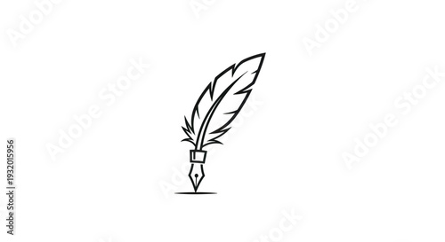 A simple, black-outlined illustration of a feather quill pen. The background is solid white
