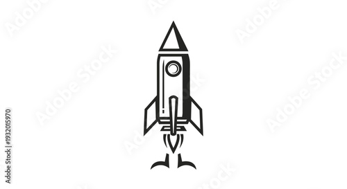 A stylized black and white rocket ship graphic