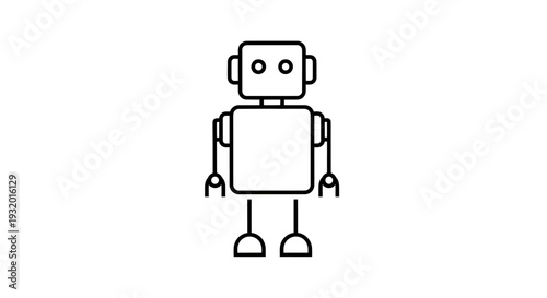A simple, black-outlined robot in a minimalist style, standing on a white background