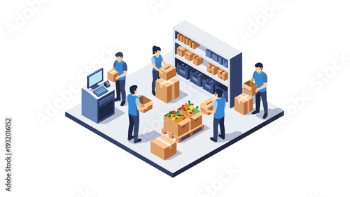 Warehouse team organizing inventory with efficient workflow in isometric style
