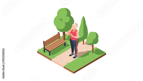 Elderly woman jogging in park with bench and trees in isometric style