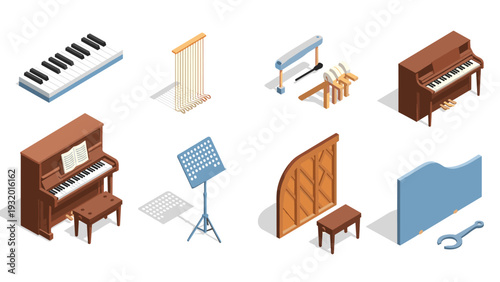 Isometric musical instrument collection featuring piano, keyboard, and harp