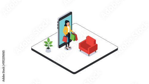 Isometric online shopping concept with woman exiting mobile phone