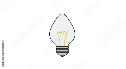 An isolated cartoon lightbulb, white casing, yellow filament, and gray base, on a white background