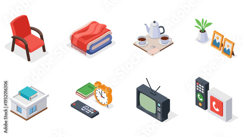 Isometric home essentials with retro tv, cozy furniture, and vintage electronics
