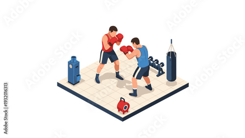 Isometric boxing match in a gym with equipment and sparring fighters