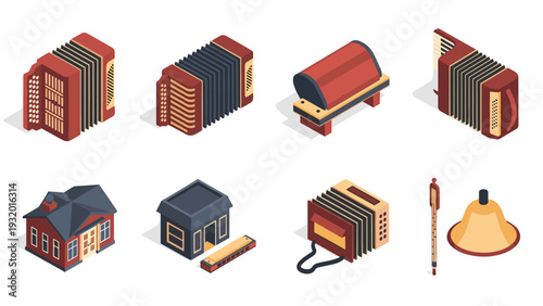 Isometric accordion and music elements in retro style