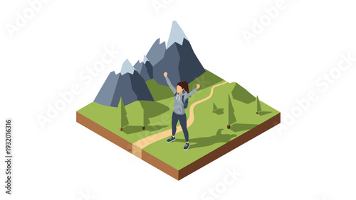 Hiking adventure in low poly mountain landscape with young woman