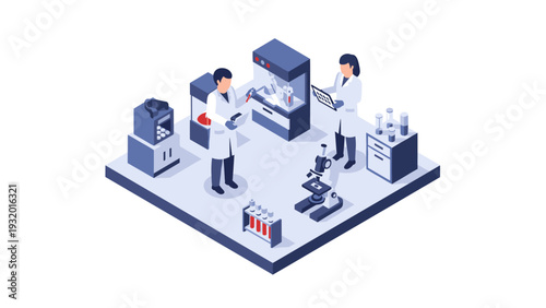 Isometric laboratory scene with scientists conducting experiments in modern lab