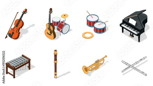Isometric musical instruments set featuring violin, guitar, piano, and drums on white background