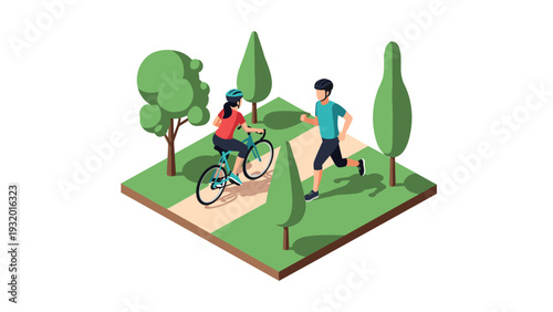 Isometric park scene with cyclist and jogger in green landscape