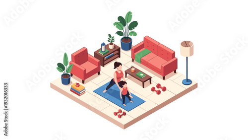 Home workout routine for mom and child in cozy living room isometric design