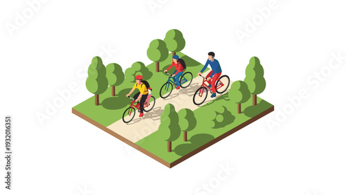 Isometric park scene with people cycling through tree-lined pathway