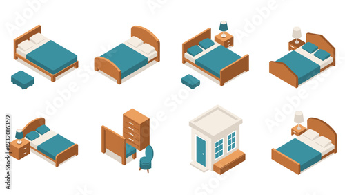 Isometric bedroom furniture set with beds, nightstands, and decor in modern design
