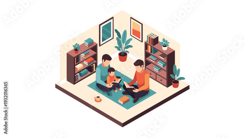 Cozy family reading time in isometric home library scene