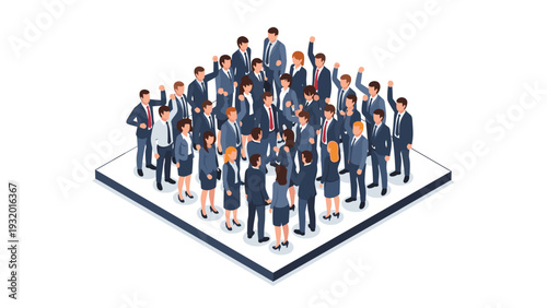 Large business group standing together in isometric office setting