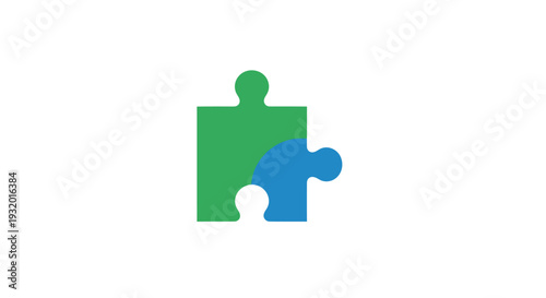 Two interlocking puzzle pieces, green and blue, on a white background