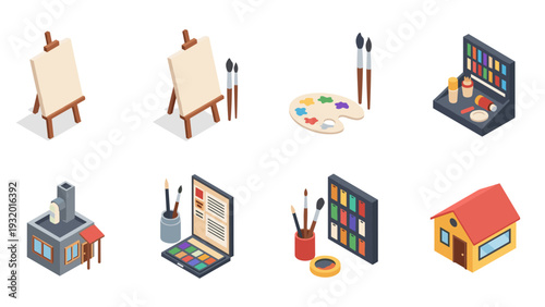 Isometric art tools and creativity set: easels, brushes, and paint supplies