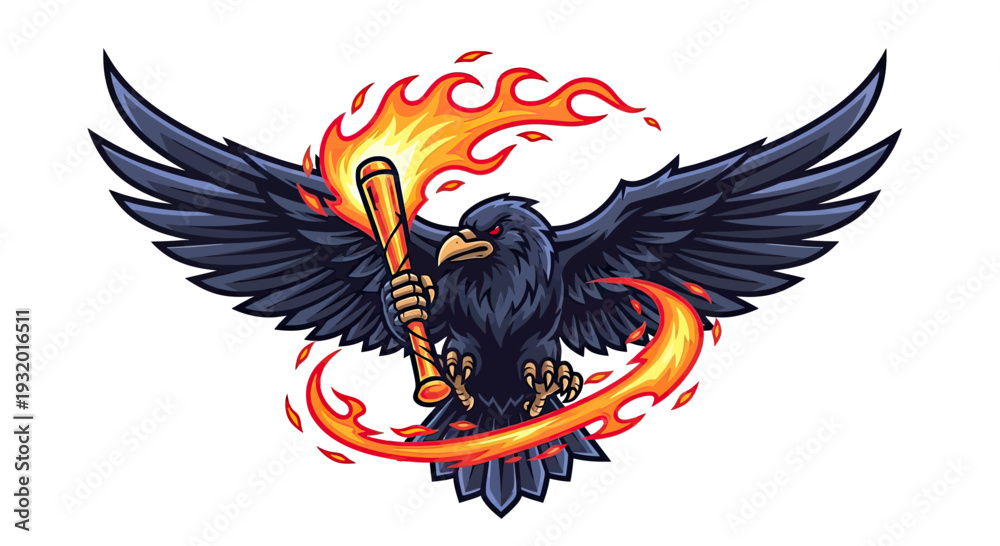 Naklejka premium A fierce crow with fiery eyes and burning torch. Illustration of an angry, flying bird