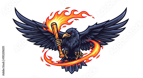 A fierce crow with fiery eyes and burning torch. Illustration of an angry, flying bird