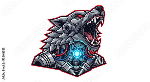 Cyborg wolf head in vector style with red outline, baring teeth and glowing core