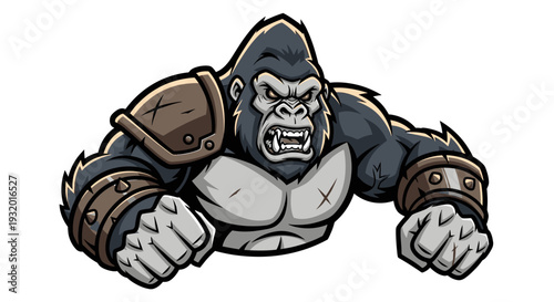Angry gorilla cartoon, armored, fists clenched, aggressive stance, white background