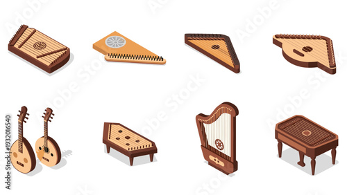 Isometric musical instruments collection featuring traditional stringed designs