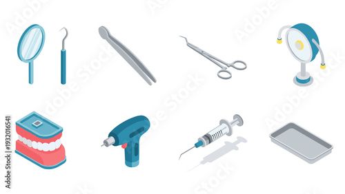 Isometric dental tools set with dentist equipment and accessories on white background