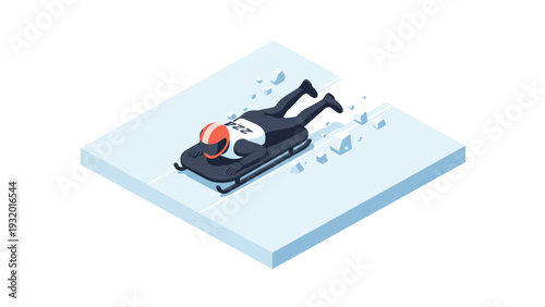 Isometric winter sports scene with athlete racing on a luge track