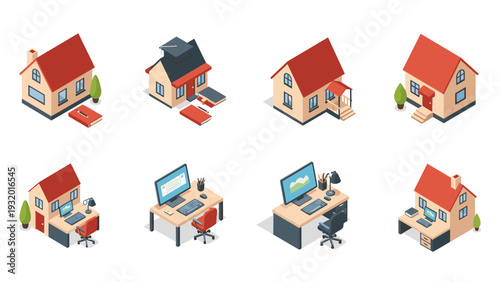 Isometric home and office setup with cozy houses and modern desks