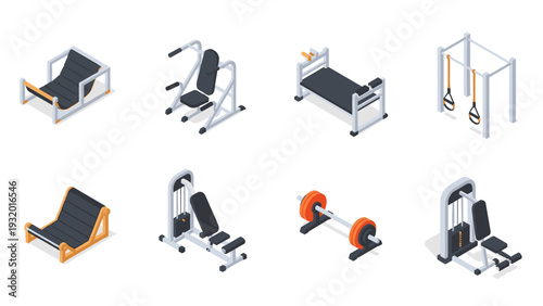 Isometric gym equipment set with machines and weights in modern design