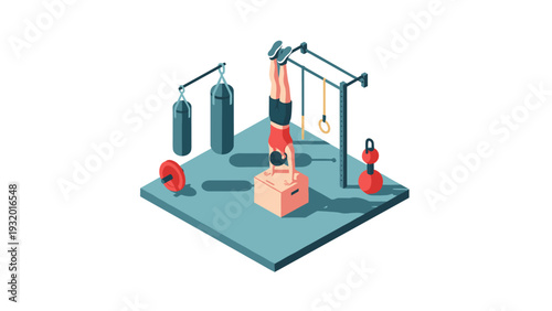 Isometric gym workout scene with equipment and woman exercising
