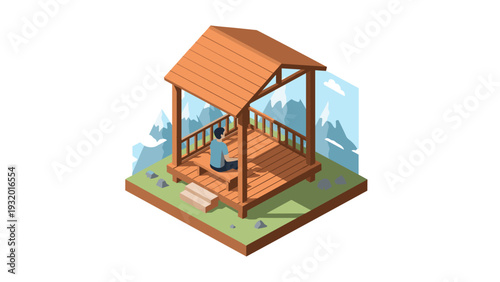 Isometric wooden gazebo with mountain view and relaxing scene