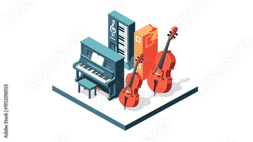 Isometric music instruments: piano, violin, and cello in modern design