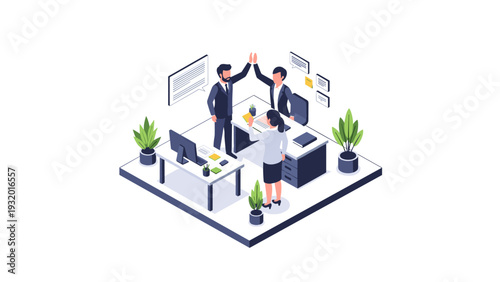 Isometric office teamwork success with a high five