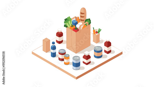 Isometric grocery shopping concept with paper bag and food items